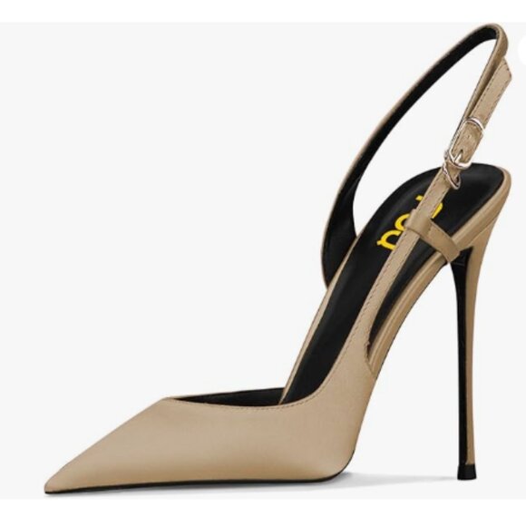 FSJ Light-khaki Satin Pointed Toe D'Orsay High Heel Slingback Cutout  Sandals - Picture 1 of 8